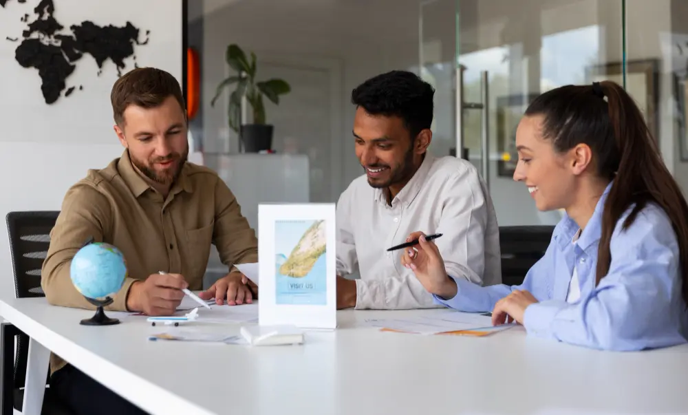 Team planning global franchise with map and globe