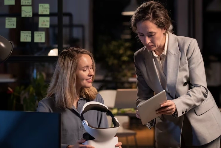 Consultant reviewing strategy document with client