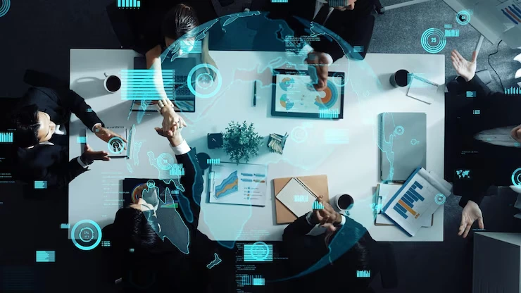 Digital transformation workshop with business team collaborating using futuristic technology interfaces and data