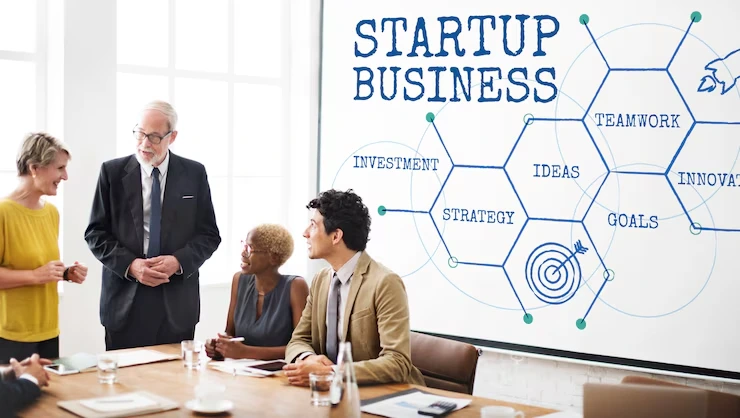 Startup business consultants presenting strategy framework with teamwork and innovation concepts displayed