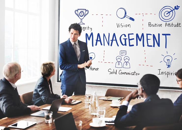 Business presentation on management principles with professional team in conference room setting