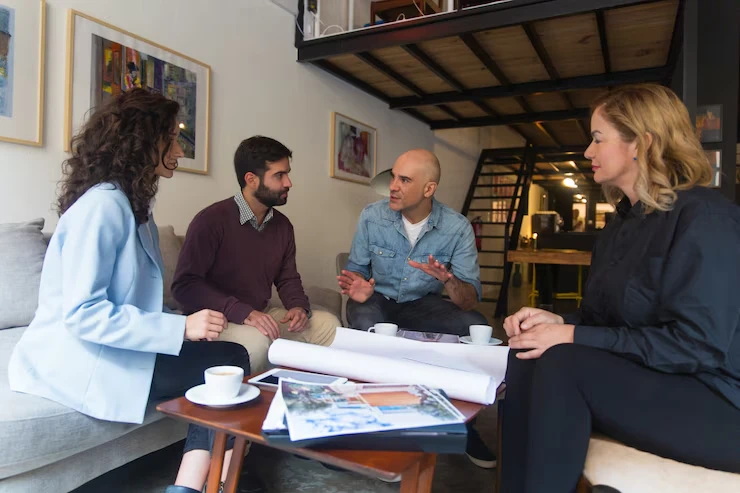 Four business professionals having startup management consulting meeting with documents and coffee