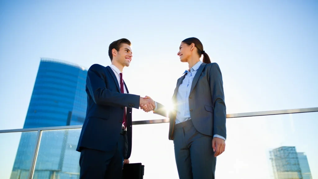 Business professionals shaking hands outdoors