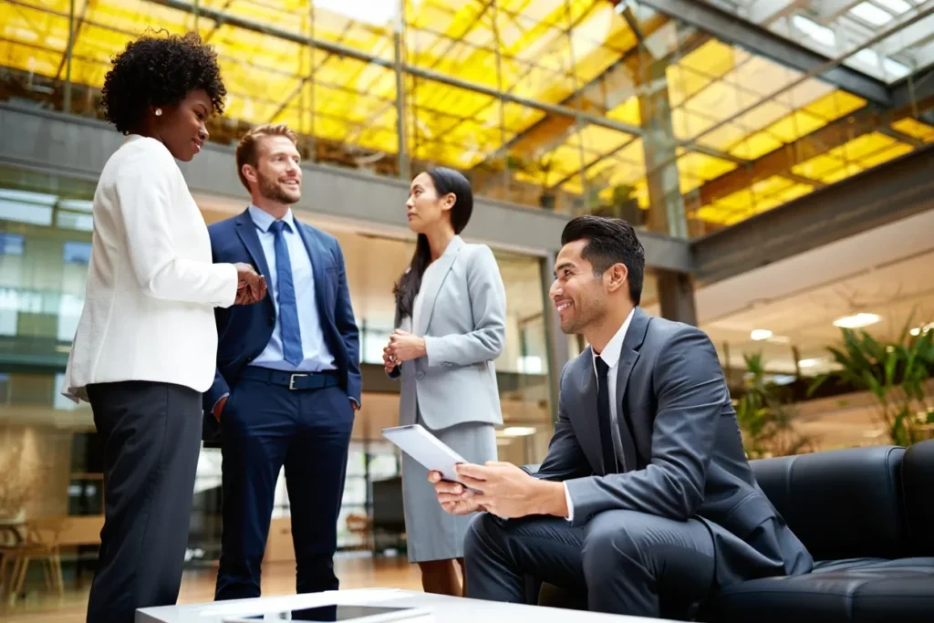 Diverse professionals networking in modern office