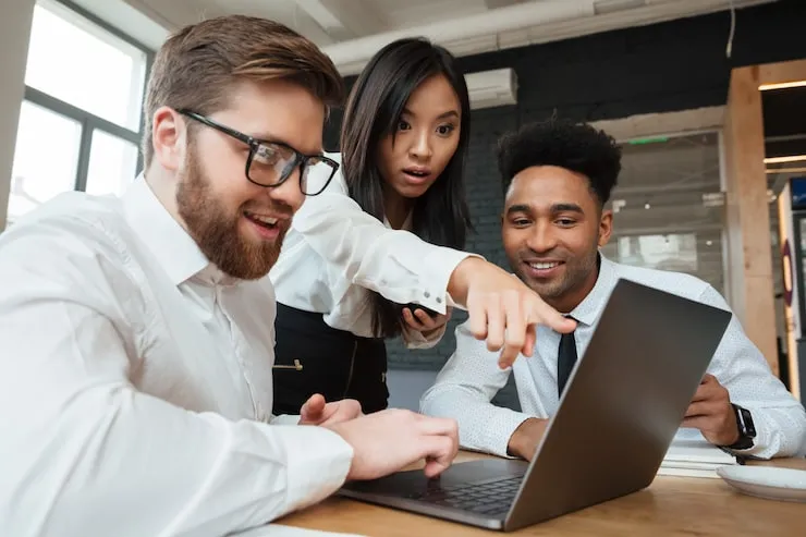 Sales and marketing experts explaining consulting benefits and client success approach details